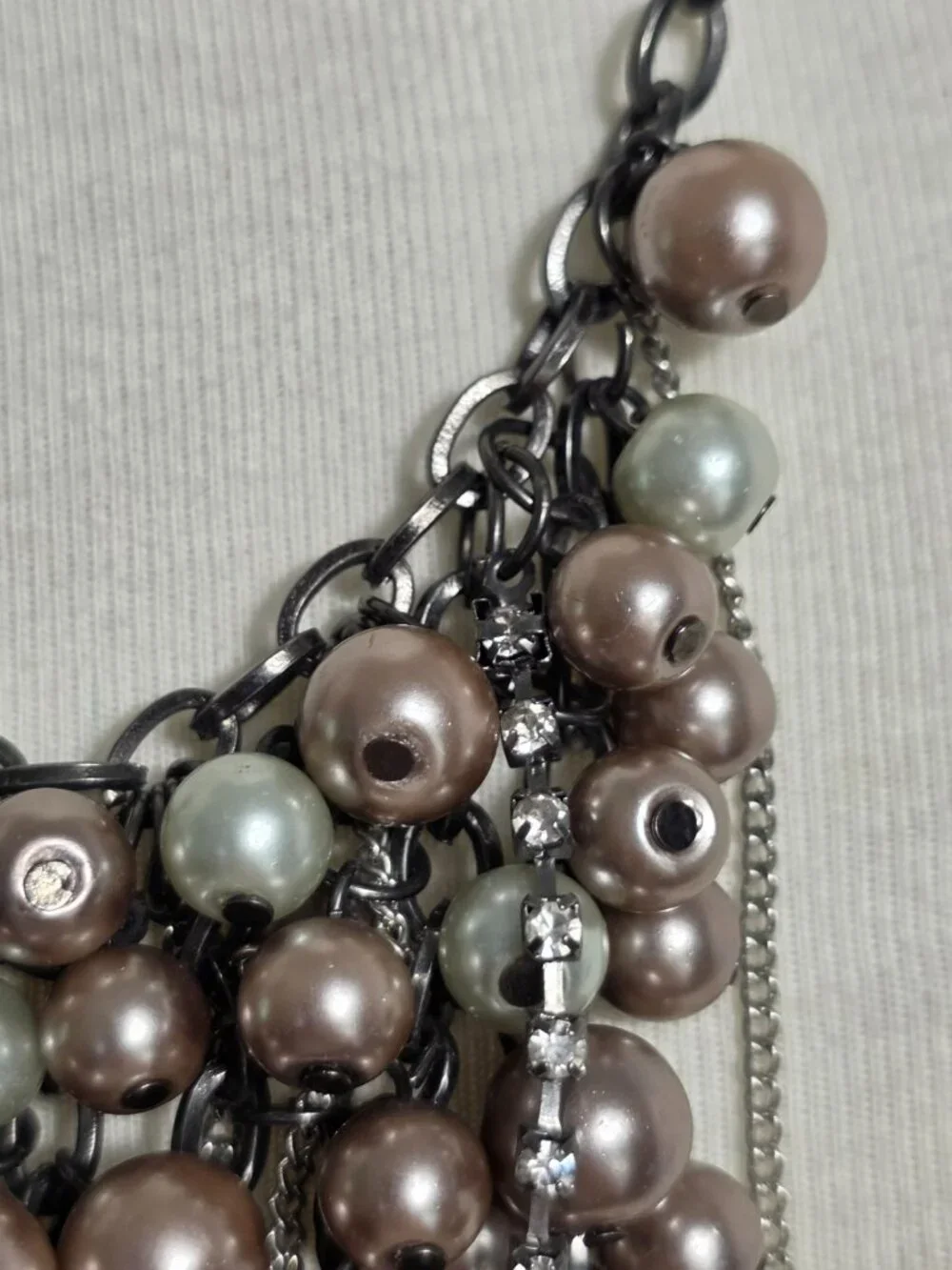 Simply Vera Wang Pearl Bead Bib Necklace Taupe & Gray with Rhinestone Drops
